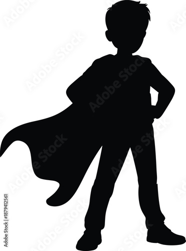 Black silhouette superhero boy with flowing cape, confident power stance concept, childhood imagination hero symbol, brave kid fantasy character, inspirational vector illustration