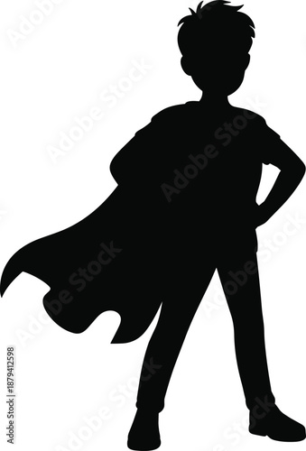 Black silhouette superhero child standing strong, imagination and confidence concept, brave kid hero pose, childhood fantasy power symbol, inspirational creative vector illustration