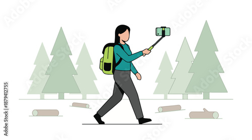 Female hiker with backpack using a selfie stick and smartphone in a forest