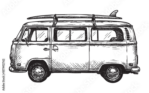 classic retro camper van with a surfboard strapped to the roof rack in a vintage woodcut style