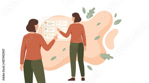 Two women analyzing customer feedback and ratings on a digital interface