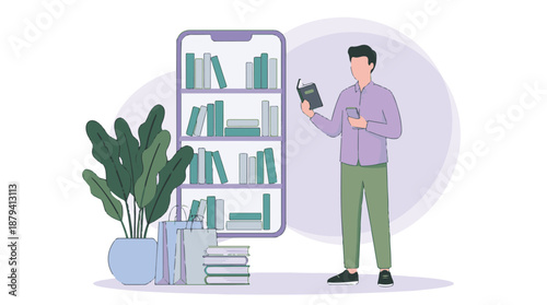 Man with smartphone and book, concept of digital and traditional reading