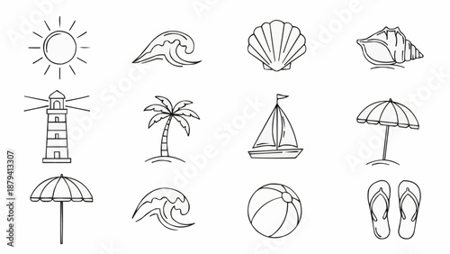 Collection of hand-drawn summer beach icons and symbols.