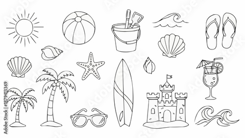 Collection of Hand Drawn Summer Beach Icons and Symbols.