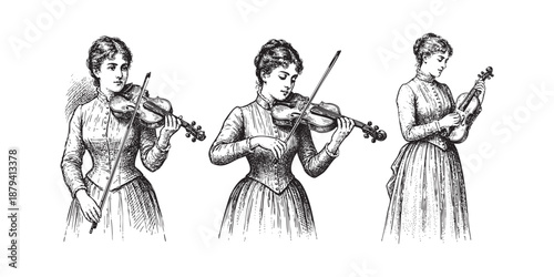 women playing violins in various poses in a vintage woodcut style.