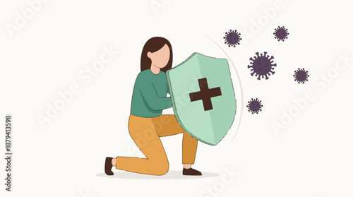 Woman protecting herself from viruses with shield, illustrating immunity
