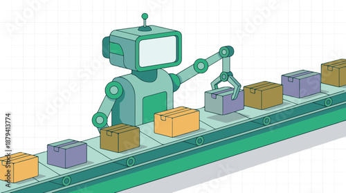 Automated robotic arm sorts packages on a conveyor belt in a modern factory