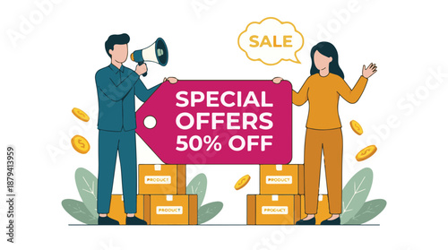 Marketing and sales promotion concept with people, megaphone, and discount tag
