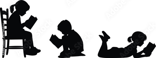 Children reading books silhouette illustration, kids learning and studying in different sitting and lying poses, education concept black vector isolated