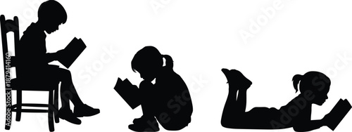Children reading books silhouette illustration, kids studying in sitting and lying poses, education learning concept, black vector isolated on white background