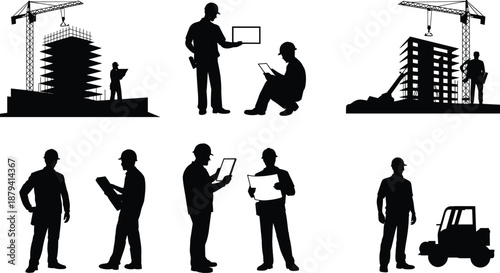 Construction worker silhouettes collection, engineers and builders with cranes buildings machinery, industrial construction site teamwork safety concept flat vector illustration icons set