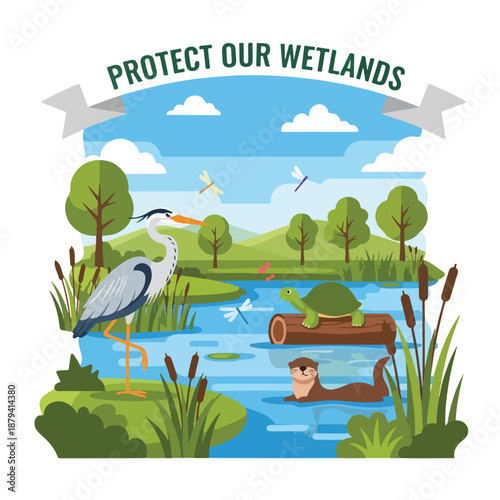Colorful wetland scene with animals