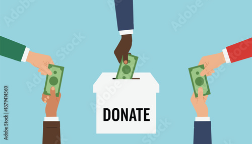 Vector illustration of diverse hands donating money into a white box labeled donate on blue background