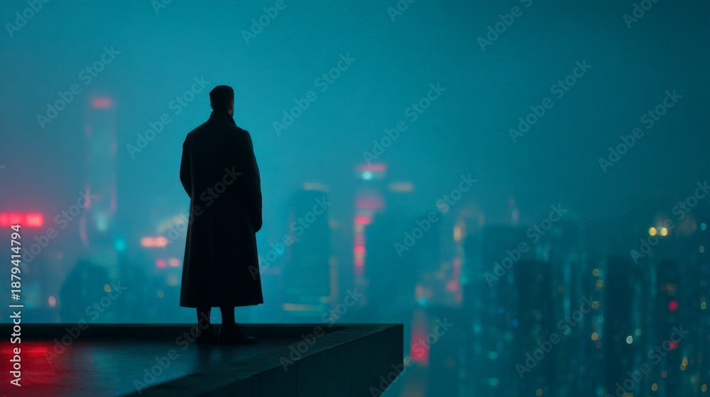 Fototapeta premium Silhouette of a person overlooking a neon cityscape at night.