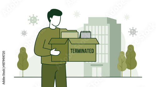 Man holding box with 'TERMINATED' text, job loss concept during pandemic
