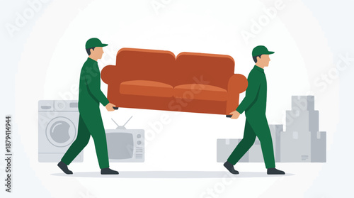 Professional Movers Transporting Sofa and Household Items Illustration