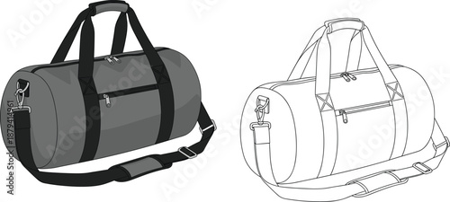 uffel Bag Technical Vector Illustration Set with Grey Rendered Version and Black and White Line Art Flat Sketch for Fashion Design