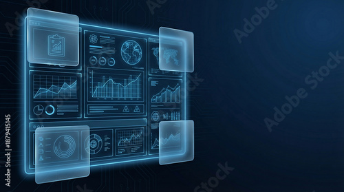 Business Strategy Planning, a Futuristic Wireframe Dashboard with Glassmorphic Data Visualizations on a Dark Tech Background
