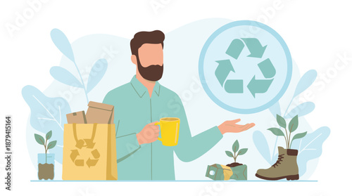 Man promoting recycling and sustainable living with upcycled planters