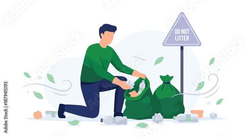 Man picking up litter into a trash bag, promoting environmental protection