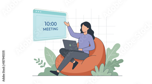 Woman with laptop on beanbag scheduling online meeting reminder