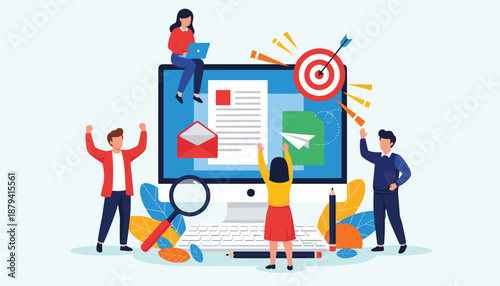 Wallpaper Mural Vector illustration of digital teamwork with monitor icons and characters engaging in productivity tools Torontodigital.ca