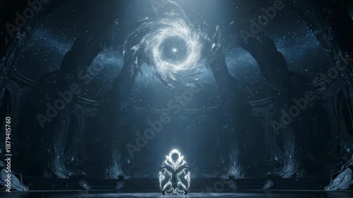 Motion Background Lone Futuristic Warrior Kneeling in Dark Cosmic Temple Under Spiral Galaxy Portal