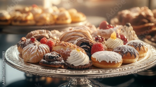 Display of various baked goods and pastries arranged on a silver tray in a bright setting