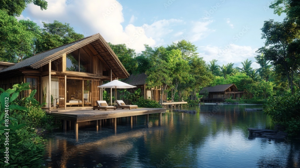 Fototapeta premium Beautiful wooden houses on stilts by a lake surrounded by trees in a sunny setting