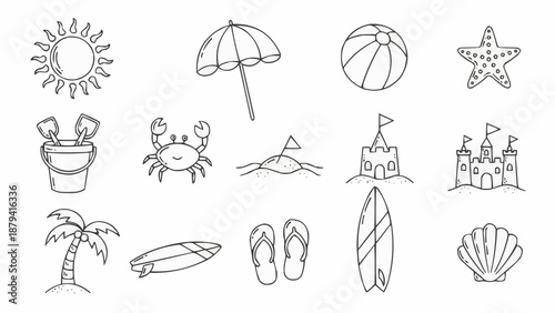 Collection of hand-drawn summer beach vacation icons and symbols.