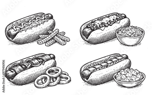 hot dogs with various toppings like chili, onions, and cheese, some with side dishes like fries and coleslaw, in a vintage woodcut style.