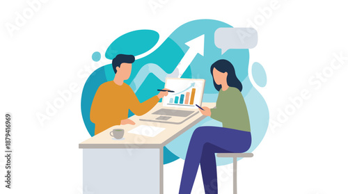 Business professionals analyzing financial growth data on laptop in office