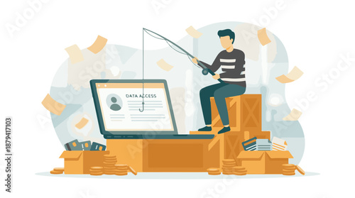 Man phishing for personal data on a laptop, cybercrime and fraud concept