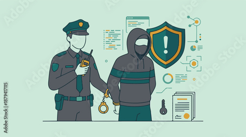 Cybersecurity enforcement: Police officer arresting a hacker, digital crime concept.