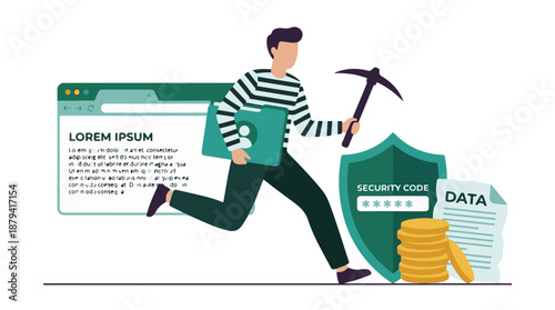Hacker stealing digital data, security code, and money, cybercrime concept