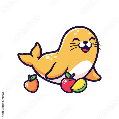 Adorable Cartoon Seal with Fresh Fruits