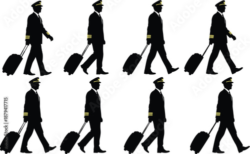 Airline pilot silhouette walking with travel suitcase, professional captain in uniform vector illustration set isolated on white background design art.