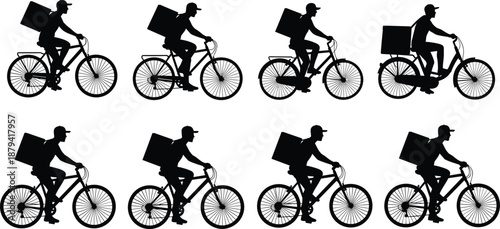 Food delivery courier silhouette riding bicycle, express shipping service vector set, fast food carrier man with backpack on bike, transportation collection.
