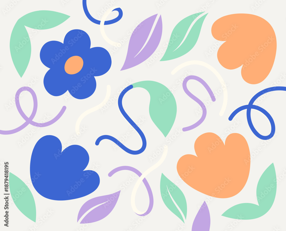 Naklejka premium Playful floral pattern with abstract digital illustration of blue, orange, and purple flowers, green leaves, and whimsical shapes suitable for design elements