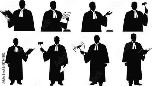 Judge silhouette vector set, lawyer holding gavel and book, courtroom justice collection, legal magistrate wearing robe, attorney illustration pack.