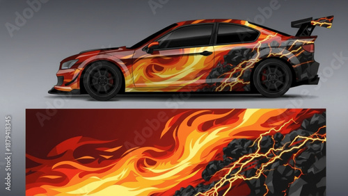 Sporty car with fiery lava and lightning wrap design, showcasing vibrant flames and dark rock textures.