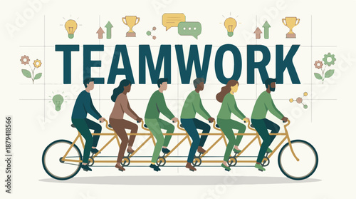 Diverse Team Collaboration on Tandem Bike Illustrating Teamwork Concept