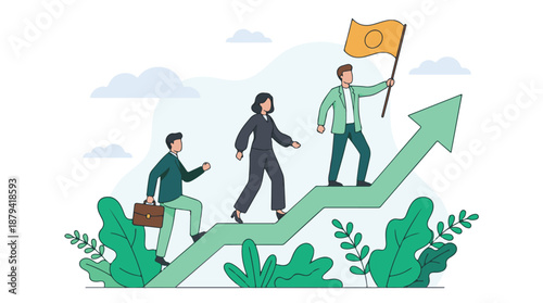 Business people walking up an arrow path to achieve success