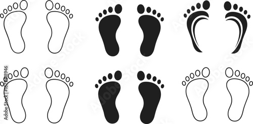 Set of human footprint icons featuring solid black silhouettes and outline styles, vector illustration for walking steps and path design.