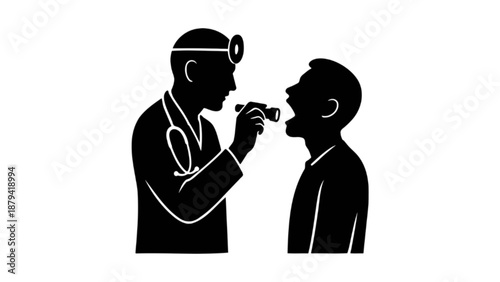 Doctor checking boy throat with flashlight silhouette