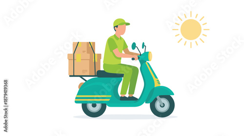 Delivery Person Riding Scooter with Packages Under Sun Illustration