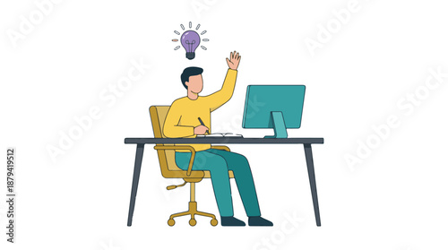 Young man working at desk gets an idea, raising hand, writing