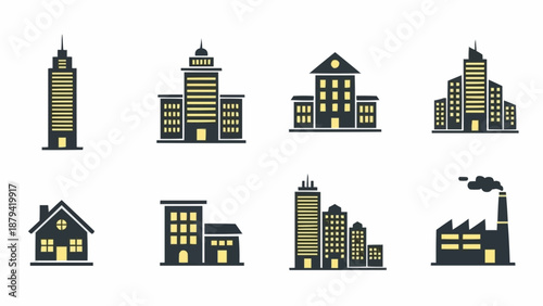 Collection of diverse building icons representing various architectural styles.
