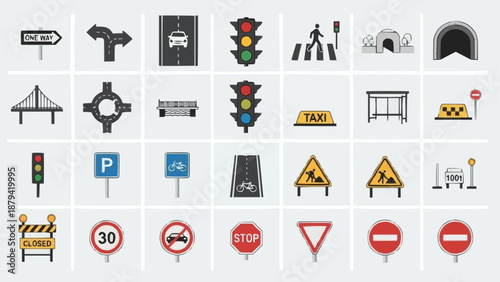 Collection of traffic and road signs and symbols.