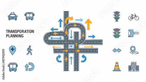 Transportation Planning Complex Road Network and Icons.